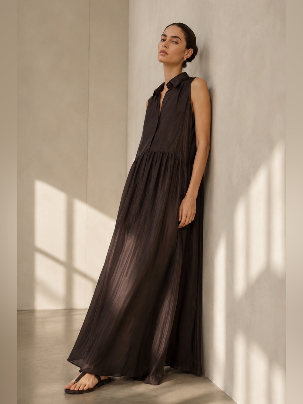 Liviana Conti 100% Silk Sleeveless Maxi Shirt Dress | Italy | Brown | 44 (L)